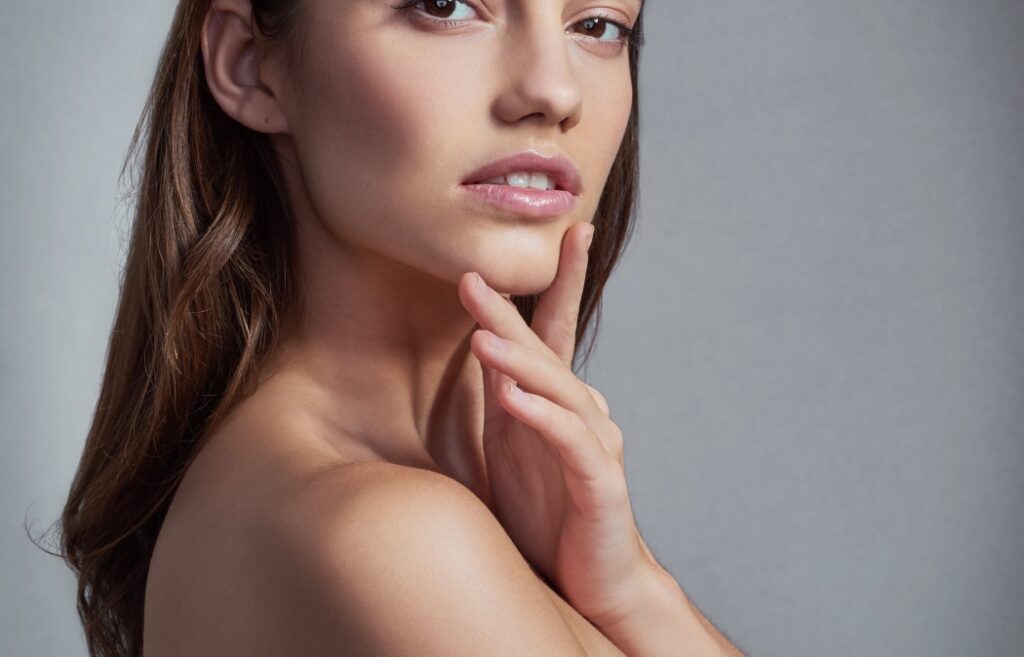 Portrait, thinking and beauty of woman with glow, skincare or health isolated on gray studio background. Face, makeup and confident model in cosmetics at spa for dermatology, wellness and aesthetic
