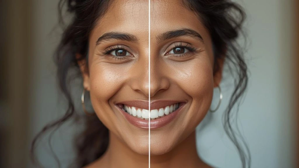 Side-by-side image showing a woman’s natural smile before and after cosmetic dental treatment