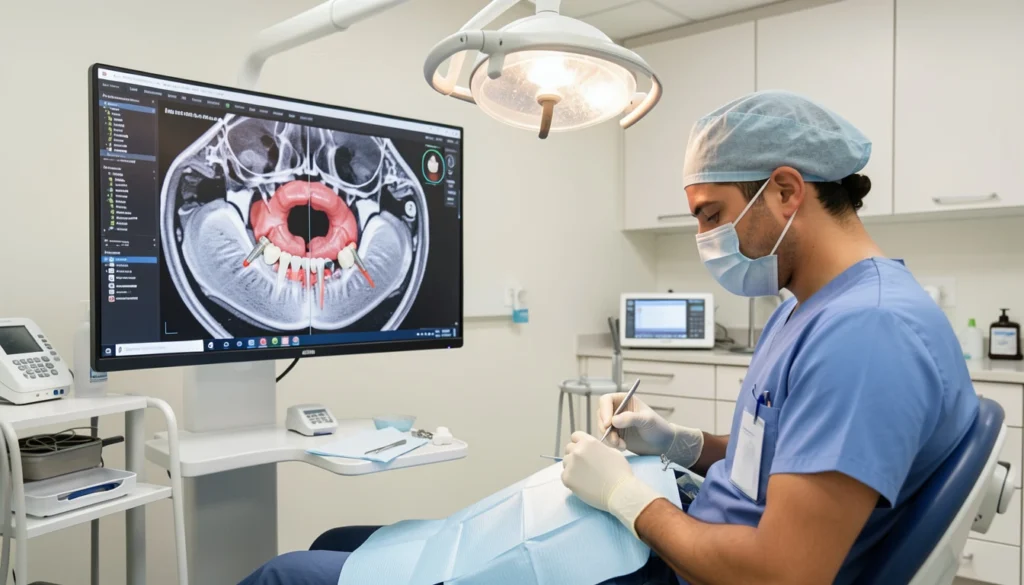 Dentist reviewing 3D digital planning scan for complete mouth dental implants using advanced imaging technology