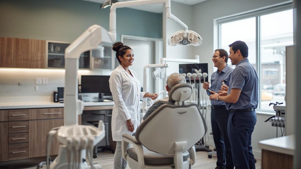 Dentist and dental team discussing treatment with a patient in a modern dental clinic, featuring advanced equipment and a comfortable, welcoming environment.
