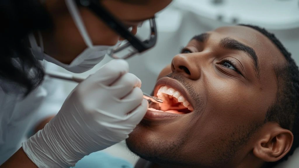 Dentist performing a dental exam for a patient during a routine visit