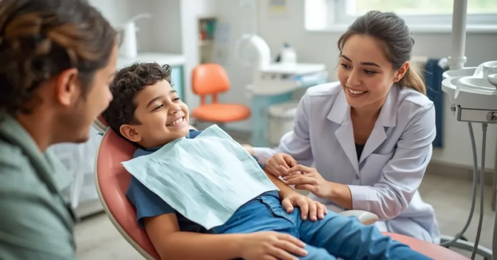 Pediatric dentist comforting a smiling child during a gentle first dental visit.