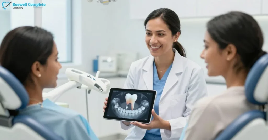 Dentist showing tooth model on tablet to patient in dental office
