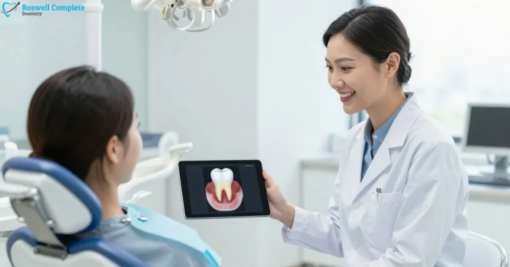 Dentist showing dental implant scan to patient in modern clinic