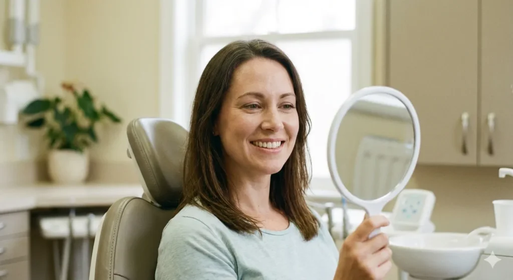 Patient smiling and holding a mirror after cosmetic dental treatment