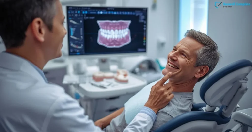 Patient discussing full mouth dental implants with dentist in modern clinic