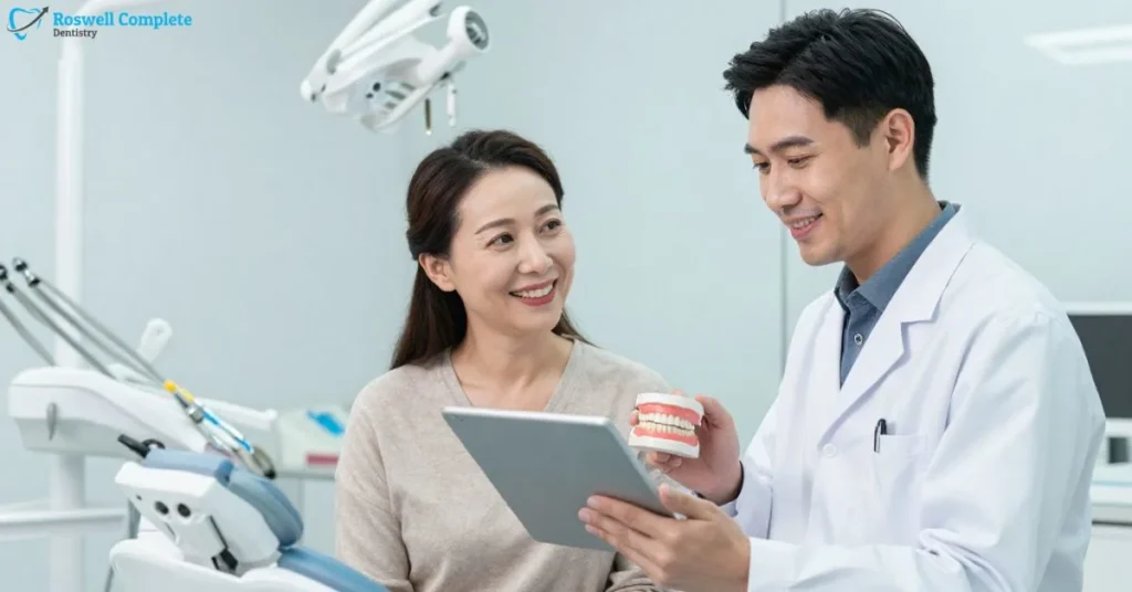 Dentist explaining dental implants to patient using tablet in modern clinic