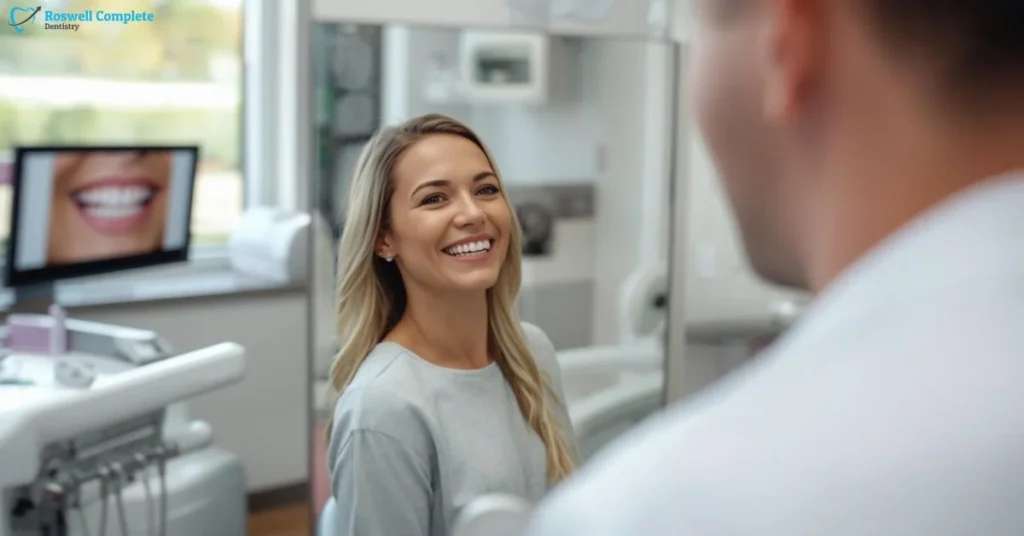 Cosmetic Dentistry Cost Roswell GA patient reviewing results with dentist