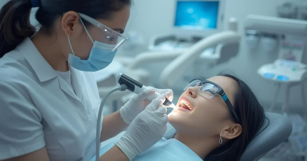 Dentist performing laser gum treatment on patient in clinic